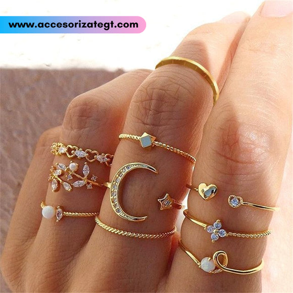 Set de Anillos de Luna, Perlas y Cristales, Oro [AN1100]