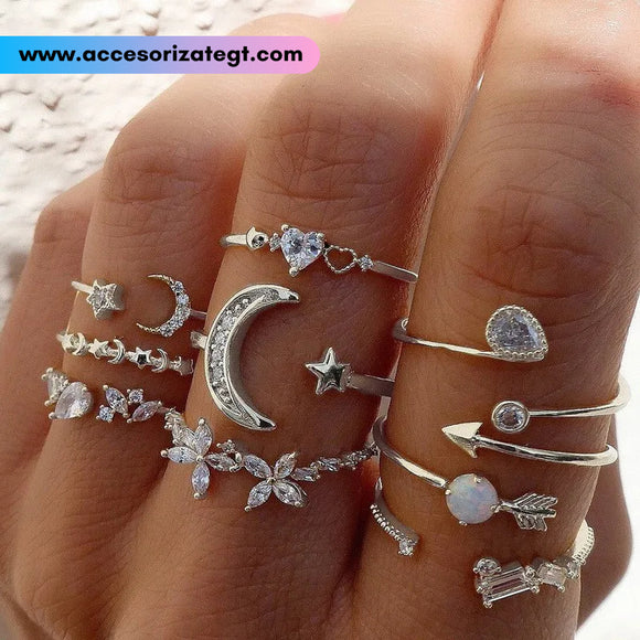 Set de Anillos de Lunas, Estrellas y Cristales, Plata [AN1102]
