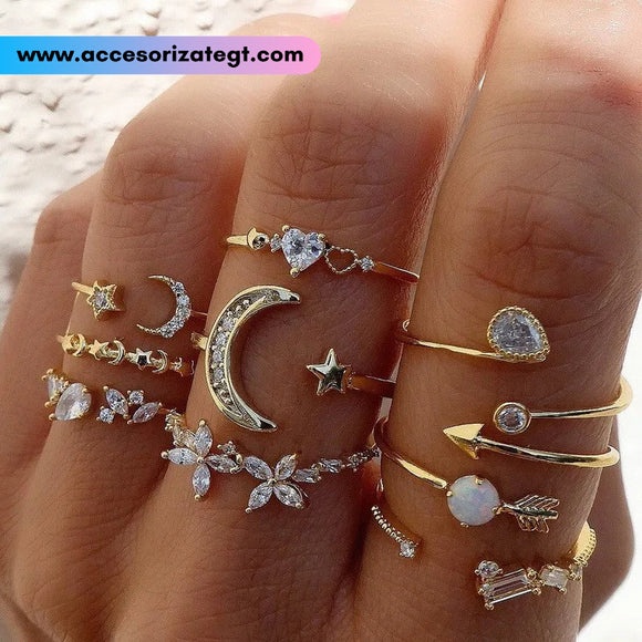 Set de Anillos de Lunas, Estrellas y Cristales, Oro [AN1103]