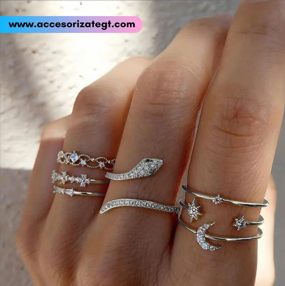Set de Anillos de Luna y Serpiente, Plata [AN1104]