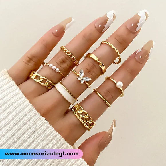 Set de Anillos Mariposa y Perlas, 10 Piezas [AN1106]