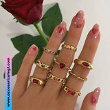 Set de Anillos con Corazones y Cristales Rojos [AN1114]