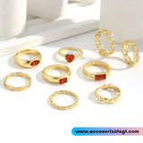 Set de Anillos con Corazones y Cristales Rojos [AN1114]