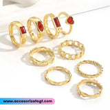Set de Anillos con Corazones y Cristales Rojos [AN1114]