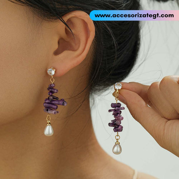 Aretes de Cuentas de Coral Bambú, Morado [AR1506]