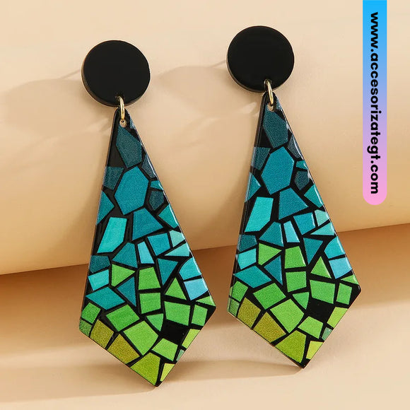 Aretes de Diamantes con Diseño de Vitral, Azul y Verde [AR1660]