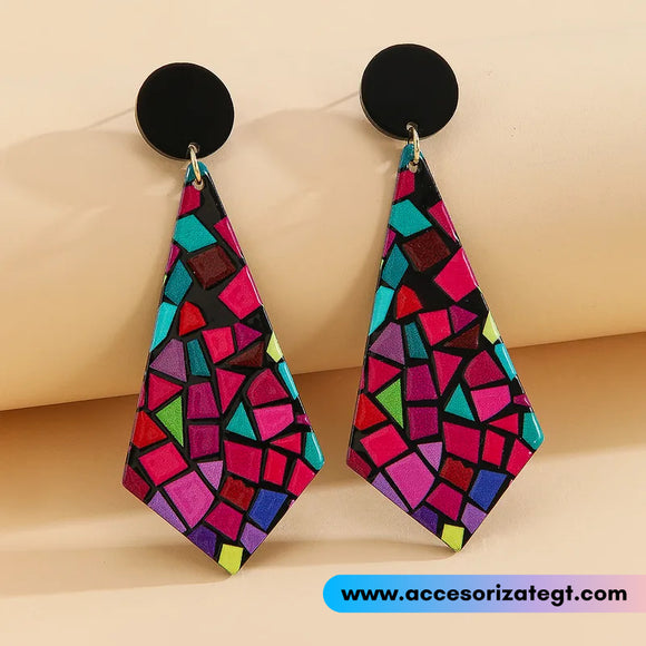 Aretes de Diamantes con Diseño de Vitral Multicolor [AR1661]