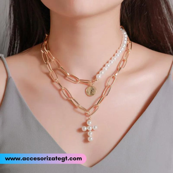 Set de Cadenas con Perlas y Dije de Cruz [CD1278]