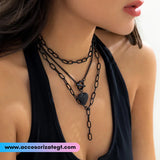 Cadena Negra Multicapa con Dije de Corazón [CD1282]