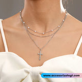 Cadena Multicapa con Perlas y Dije de Cruz [CD1337]
