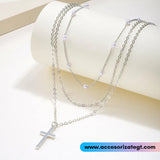 Cadena Multicapa con Perlas y Dije de Cruz [CD1337]