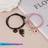 Set de Pulseras con Dijes de Gatos, Negro y Rosa [JP775]