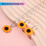 Set de Cadena y Aretes de Girasoles, Plata [OT711]