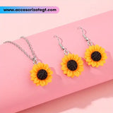 Set de Cadena y Aretes de Girasoles, Plata [OT711]