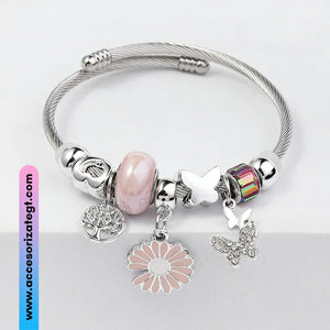 Pulsera con Dijes de Mariposas, Árbol de la Vida y Flor Rosa [P1203]