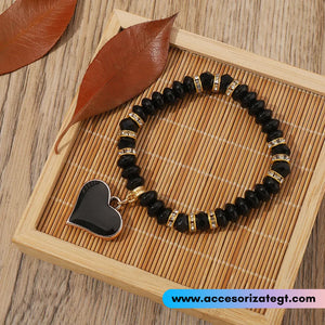 Pulsera de Cristales Negros con Dije de Corazón [P1214]