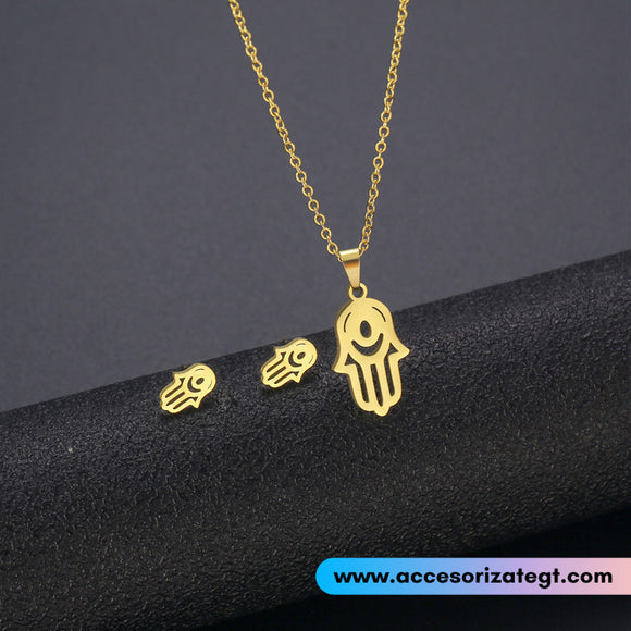 Set de Cadena y Aretes de Acero Dorado, Mano de Fátima [AC158]