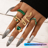 Set de Anillos Serpientes, Corazón y Decoraciones Verdes [AN691]