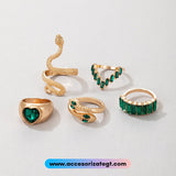 Set de Anillos Serpientes, Corazón y Decoraciones Verdes [AN691]