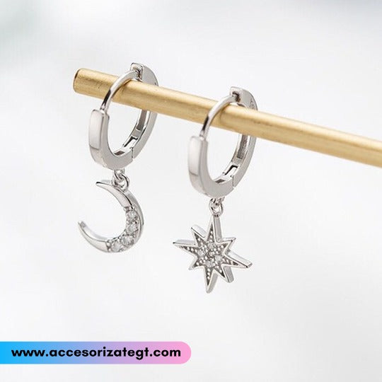Aretes Asimétricos de Luna y Estrella, Plata [AR1374]