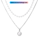 Cadena Doble Decorada con Perlas, Color Plata [CD735]