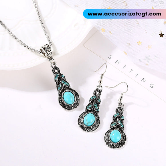 Set de Cadena y Aretes, Piedras Turquesa [EL286]