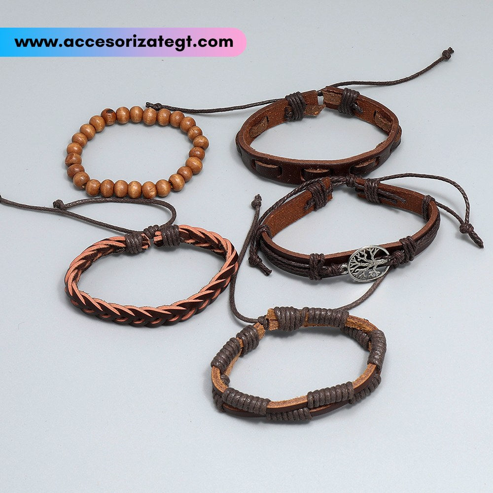 Set de tres pulseras de cuero y madera para hombre - Chulis